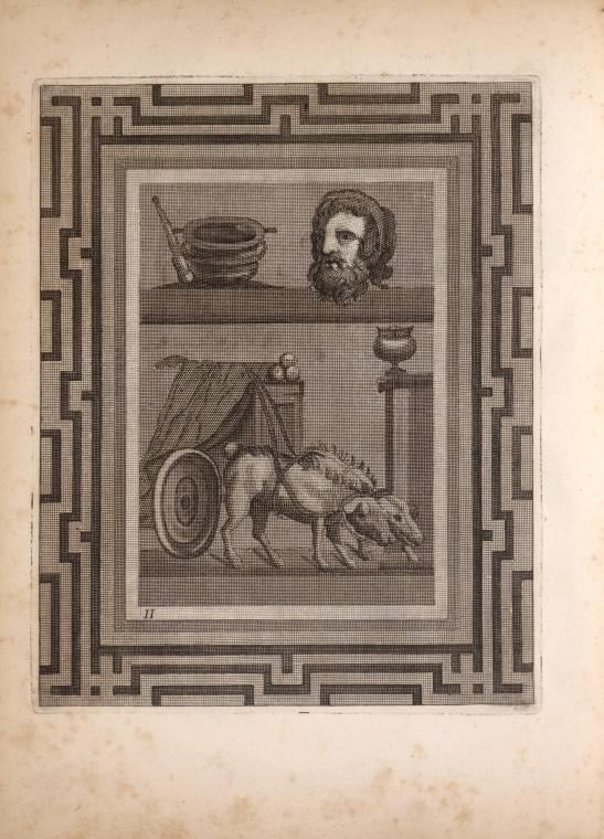Mosaic depicting mortar and pestle, man's head, and animal-drawn cart