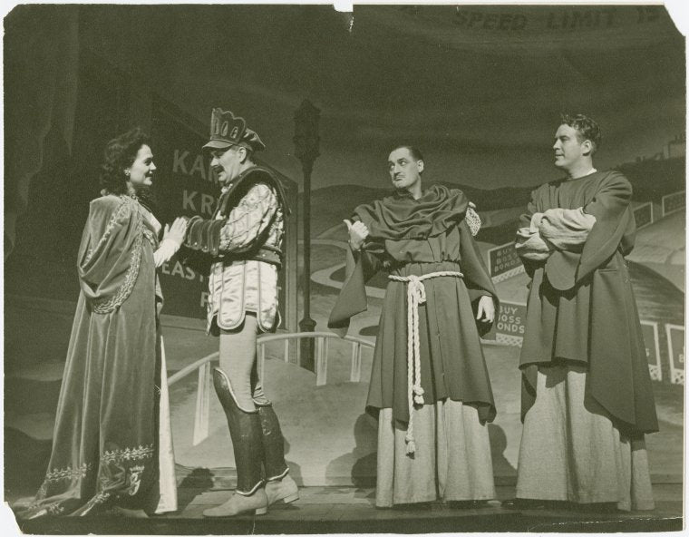 Katherine Anderson (Queen Guinevere), unidentified actor, unidentified actor and Dick Foran (Martin) in the 1943 revival of A Connecticut Yankee