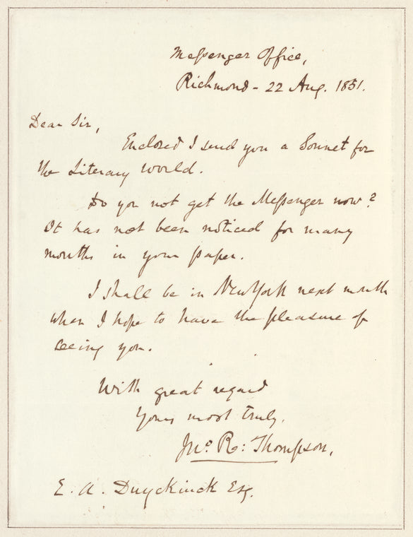 John R. Thompson letter to E.A. Duyckinck