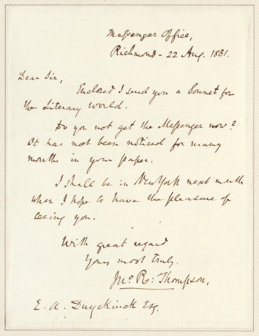 John R. Thompson letter to E.A. Duyckinck