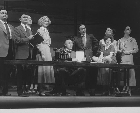 Actors Danielle Findley as Little Orphan Annie (4R) and Harve Presnell as Daddy Warbucks (C) in a scene from the pre-Broadway Kennedy Center production of the musical "Annie 2.".