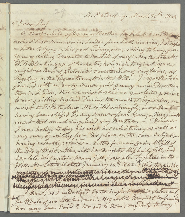 Jane Porter to George Essell, autograph letter signed (copy)