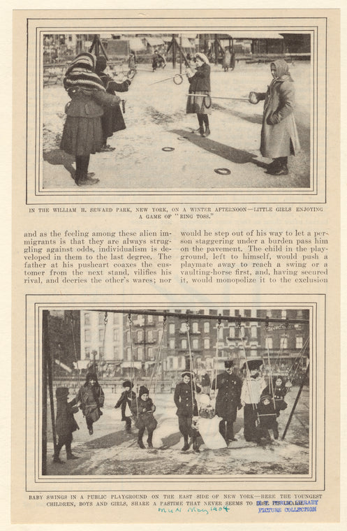 In the William H. Seward Park, New York, on a winter afternoon ; Baby swings in a public playground on the East Side of New York