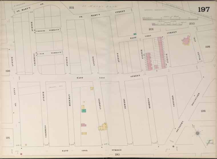 Bronx, V. 9, Double Page Plate No. 197 [Map bounded by St. Mary's St., Wales Ave., Southern Blvd., East 138th St., St. Ann's Ave.]