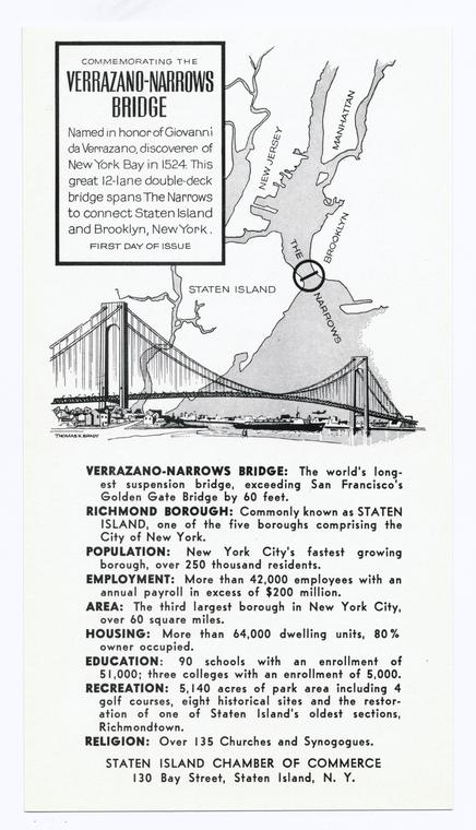 Official First Day Cover, Verrazano-Narrows Bridge Worlds Largest Suspension Crossing, inset of historical monument, S.I. approach plaza, honoring Verrazanos Discovery of the Narrows in 1524.
