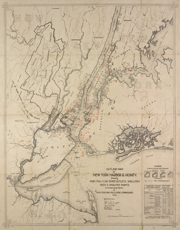 Outline map of New York Harbor & vicinity: showing main tidal flow, sewer outlets, shellfish beds & analysis points