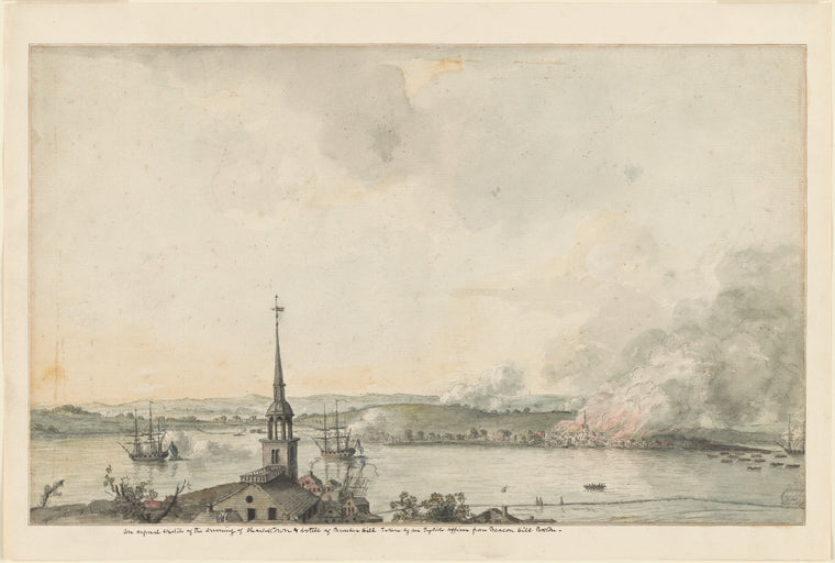 An Original Sketch of the Burning of Charlestown & Battle of Bunker Hill. Taken by an English Officer from Beacon Hill Boston