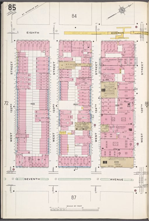Manhattan V. 7, Plate No. 85 [Map bounded by 8th Ave., W. 125th St., 7th Ave., W. 122nd St.]