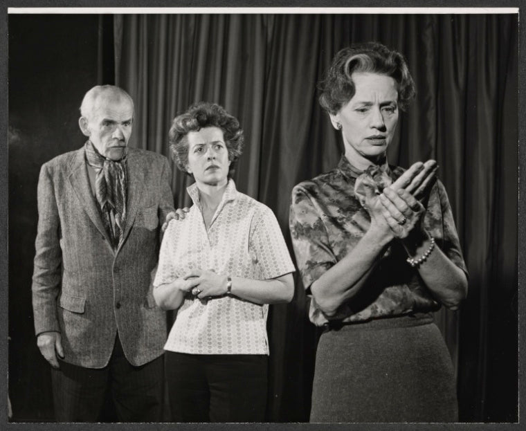 Jessica Tandy [right] and unidentified others in rehearsal for the 1961 American Shakespeare Festival production of Macbeth