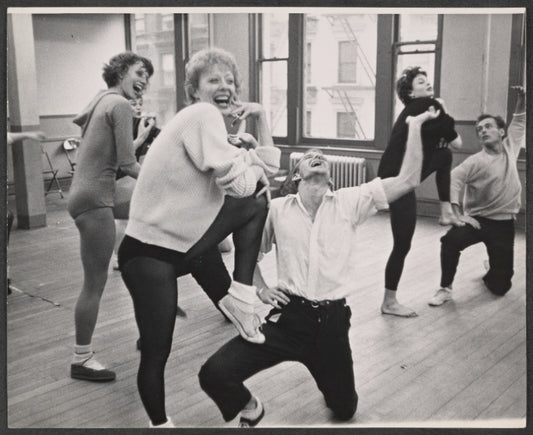 Gwen Verdon [center left], Bob Fosse [center right] and unidentified others in rehearsal for the stage production New Girl in Town