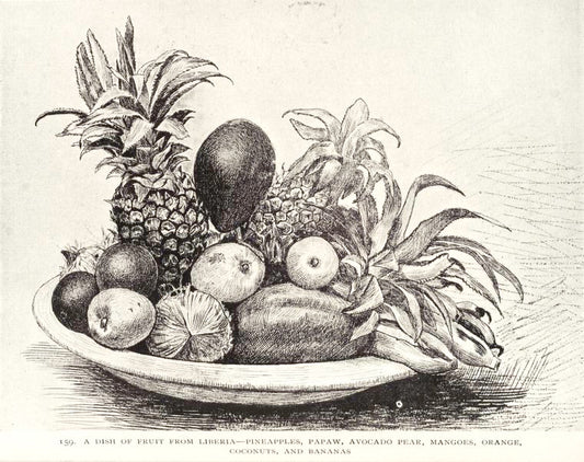 A dish of fruit from Liberia - pineapples, papaw, avocado pear, mangoes, orange, coconuts, and bananas