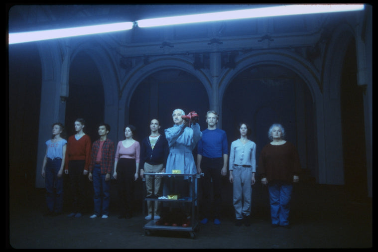 Actors in a scene fr. the Off-Broadway play "Specimen Days." (New York)