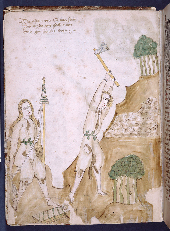 Full-page miniature of Adam and Eve working