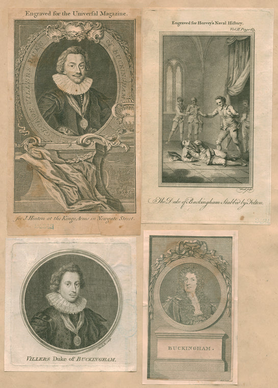 George Villers [Villiers] Duke ofBuckingham [three portraits];  The Duke of Buckingham stabbed by Felton.