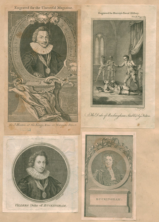 George Villers [Villiers] Duke ofBuckingham [three portraits];  The Duke of Buckingham stabbed by Felton.