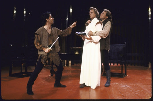 Actor Reese Madigan (C) with cast members in a scene from the New York Shakespeare Festival production of the play "Richard III" at the Delacorte Theatre in Central Park (New York)