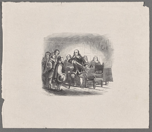 Peter Stuyvesant looking angrily at a group of men, possibly his associates