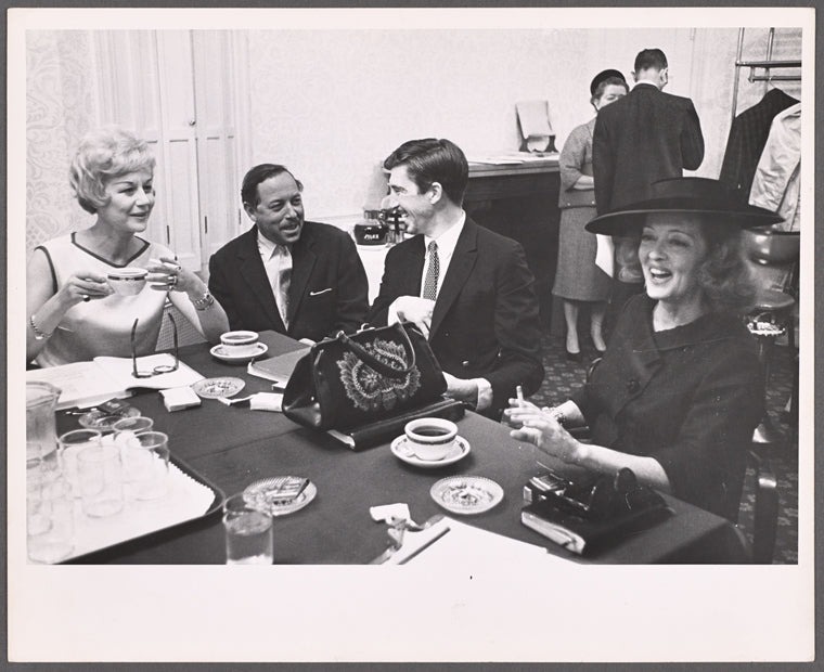 Margaret Leighton, playwright Tennessee Williams, Patrick O'Neal and Bette Davis in rehearsal for the stage production The Night of the Iguana