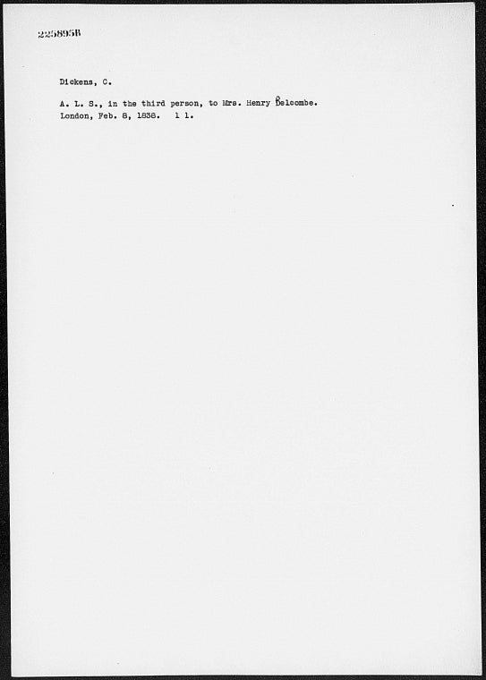 Belcombe, Mrs. Henry. ALS in the third person to