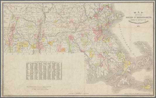 Map of the diocese of Massachusetts showing the location of the Episcopal parishes and missionary stations: 1871