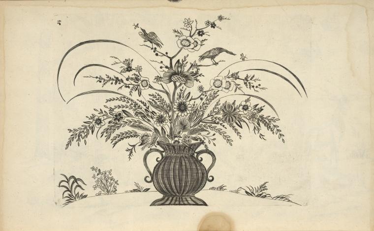 Design of vase with flowers with two birds catching insects