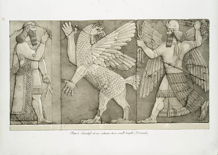 Bas-reliefs at an entrance to a small temple  (Nimroud.) [Nimrud = Calah]