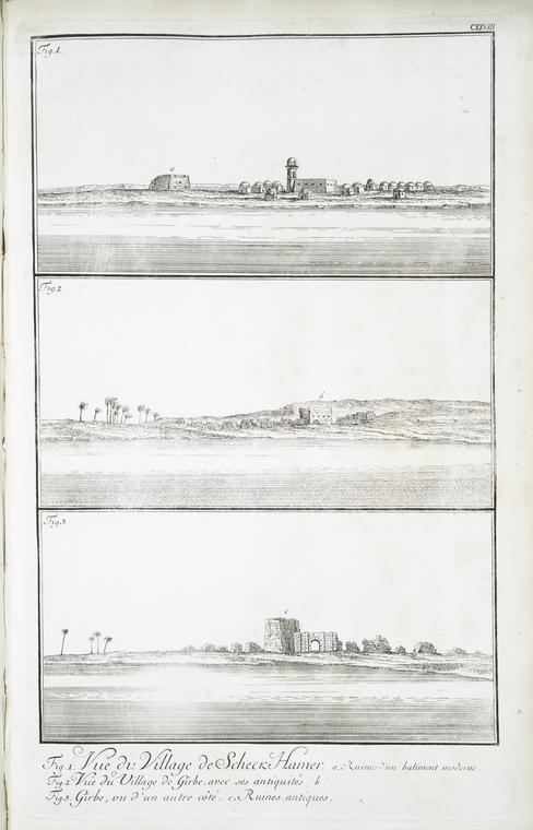 Fig. 1. Vue du village de Scheck Hamer (a. Ruines d'un batiment moderne); Fig. 2. Vue du village de Girbe, avec ses antiquités; Fig. 3. Girbe, vu d'un autre côté. (c. Ruines antiqués).