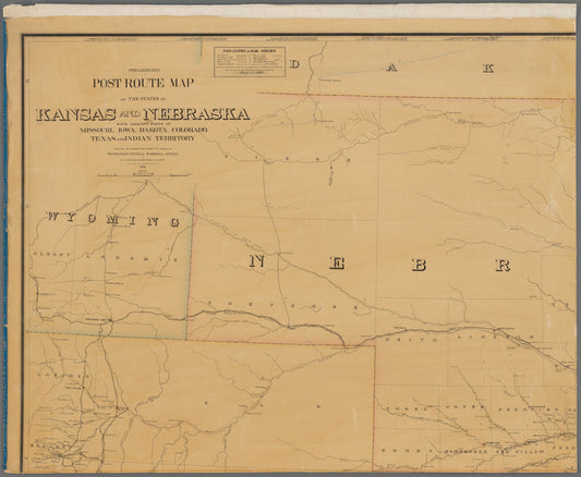 Preliminary post route map of the states of Kansas and Nebraska : with adjacent parts of Missouri, Iowa, Dakota, Colorado, Texas and Indian Territory