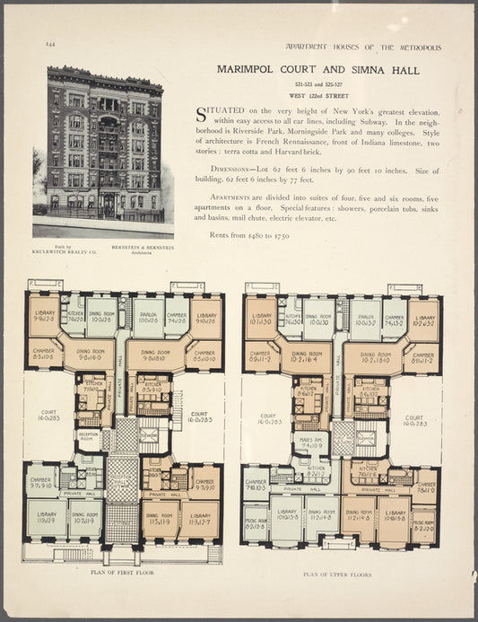 Marimpol Court and Simna Hall, 521-523 and 525-527 West 122nd Street; Plan of first floor; Plan of upper floors.