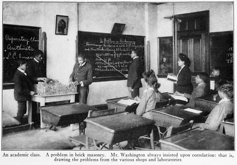 An academic class; A problem in brick masonry; Mr. Washington always insisted upon correlation: that is, drawing the problems from the various shops and laboratories.