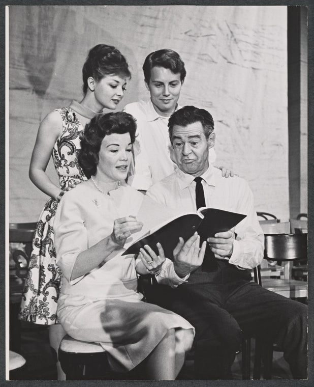 Nanette Fabray [front left], Robert Ryan [front right], Anita Gillette [back left] and Jerry Strickler [back right] in rehearsal for the stage production Mr. President