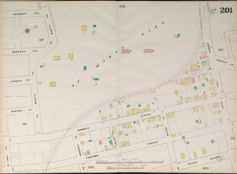 Bronx, V. 9, Double Page Plate No. 201 [Map bounded by Crimmins Ave., St. Mary's Park, East 149th St., Concord Ave., East 142nd St.]
