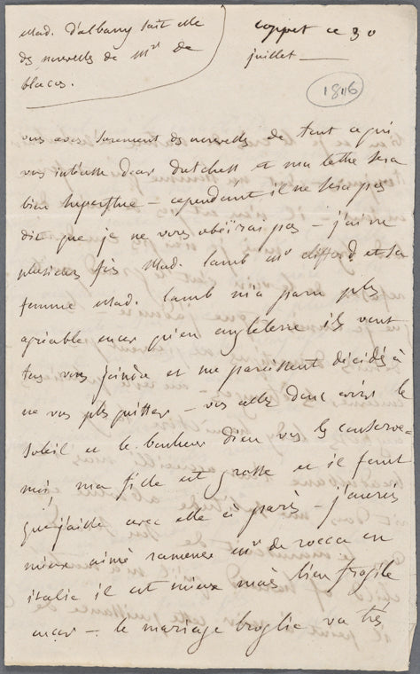 Autograph letter unsigned to the Duchess of Devonshire, 30 July 1816