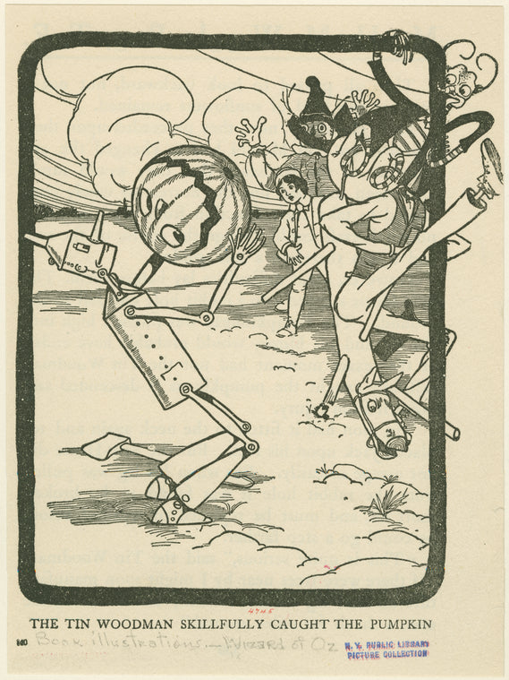 The tin woodman skillfully caught the pumpkin.