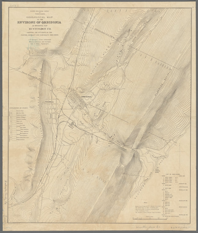 Geological map of the environs of Orbisonia at Rockhill Gap, Huntingdon County : showing the outcrops of the Clinton, Oriskany and Marcellus iron beds