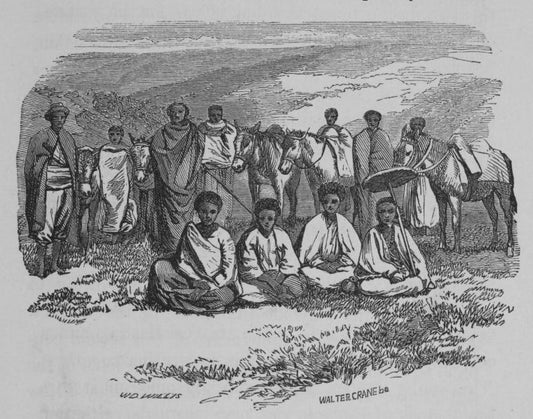 Group of people some in background with horses and four sitting on the ground