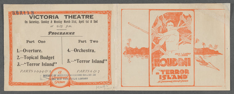 Promotional ephemera for the film Terror Island, starring Harry Houdini
