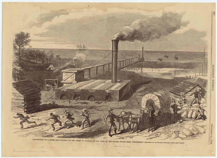 Destruction of a rebel salt factory, on the coast of Florida, by the crew of the United States bark "Kingfisher"