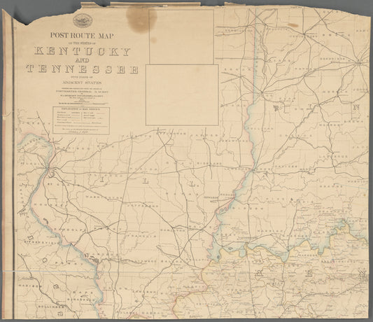 Post route map of the states of Kentucky and Tennessee, with parts of adjacent states