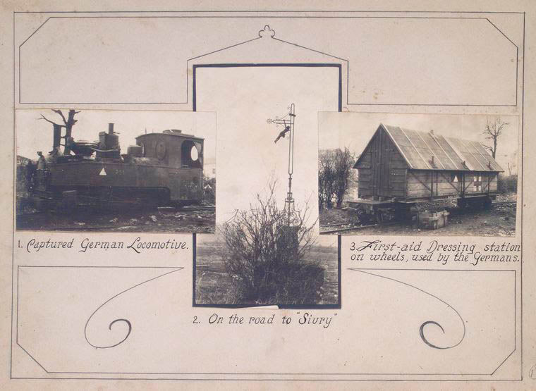 Captured German locomotive ; On the road to Sivry ; First-aid dressing station on wheels, used by the Germans.