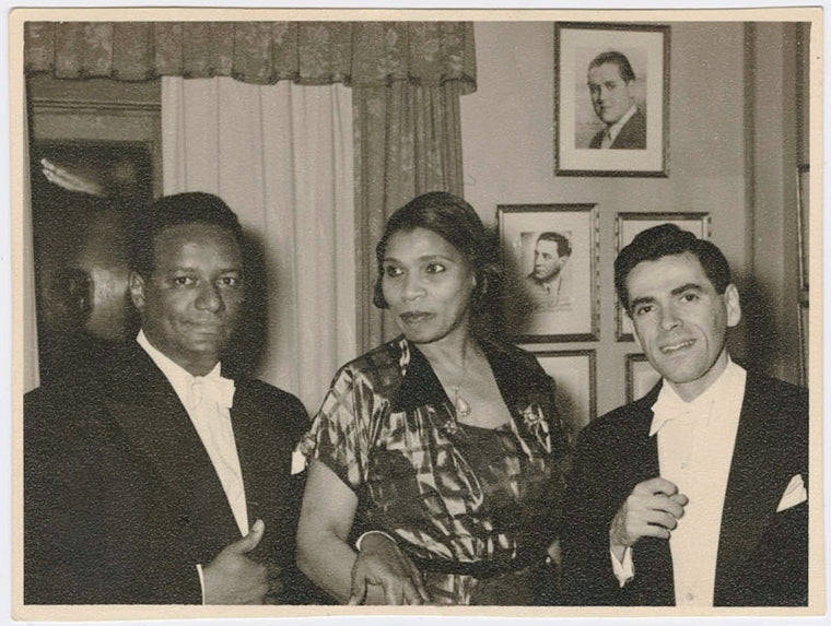Conductor Dean Dixon, contralto Marian Anderson and classical pianist Abbey Simon in Stockholm, Sweden