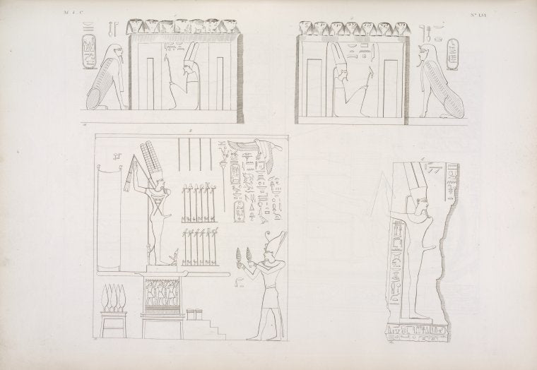 1, 2. Due quadri simbolici del santuario ristaurato al tempo di Alessandro. --Karnac: 3. Quadro del santuario di granito rifatto sotto il regno di Filippo-Arrideo. 4. Frammento antico dello stesso santuario.