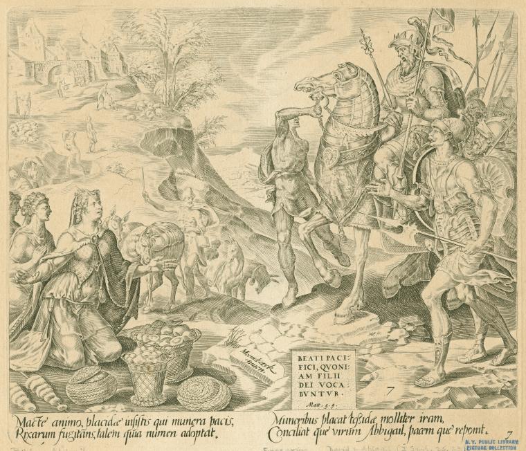 Macte animo, placide insistis qui munera pacis, Rixarum fugitans, talem quia numen adoptat. Muneribus placat tessidae molliter iram, Conciliat que virum Abbigail, pacem que' reponit