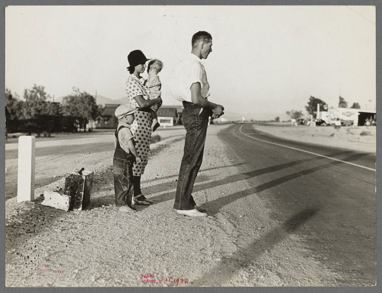 Example of self-resettlement in California. Oklahoma farm family on highway between Blythe and Indio. Forced by the drought of 1936 to abandon their farm, they set out with their children to drive to California ...