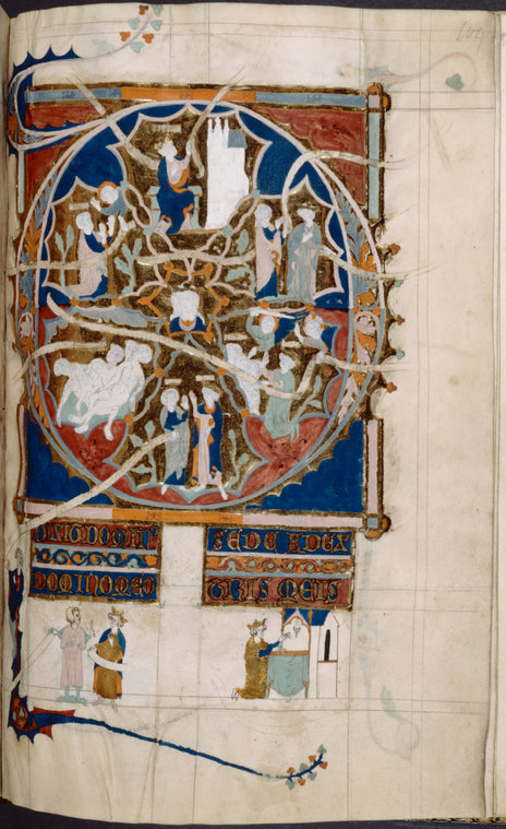 Full-page unfinished initial D of Psalm 109, showing scenes from 2 Samuel 24. Illuminated title, miniatures at bottom of page.  Inscriptions missing, coloring unfinished, scrolls lack text