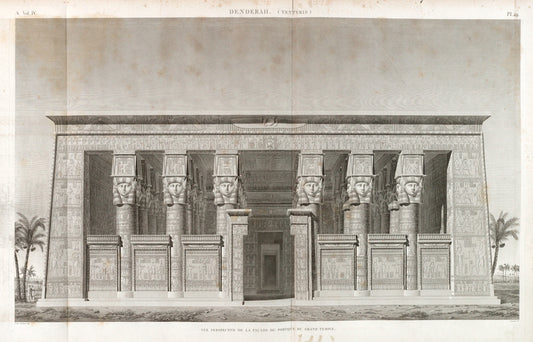 Denderah [Dandara] (Tentyris). Vue perspective de la façade du portique du Grand Temple.