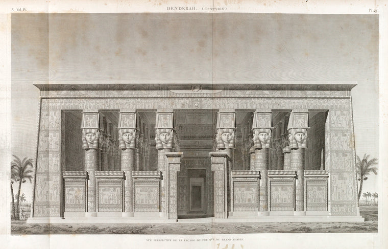 Denderah [Dandara] (Tentyris). Vue perspective de la façade du portique du Grand Temple.