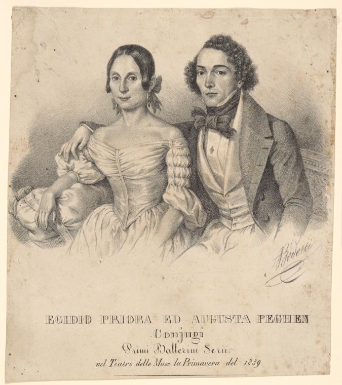 Egidio Priora ed Augusta Peghen conjugi. Primi ballerini serii nel Teatro delle Muse la primavera del 1839.