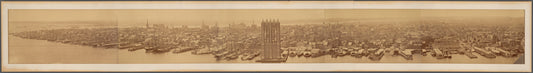 Panoramic view of Manhattan, showing Brooklyn Bridge under construction