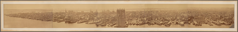 Panoramic view of Manhattan, showing Brooklyn Bridge under construction